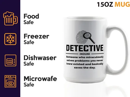Vista 4 de Taza de café detective de 15 onzas, color blanco, Detective Def, oficial de policía, policía, patrulla, detective, policía, policía, policía