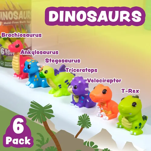 Vista 3 de Tub Works® Juguetes de baño de dinosaurio sin moho, paquete de 6 Diseño de juguetes de baño sellados sin agujeros que mantiene la humedad fuera