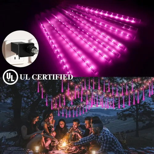 Vista 2 de Luces de lluvia de meteoritos, 192 luces LED de lluvia que caen, 8 tubos de 11.8 pulgadas, impermeables, para Navidad, enchufables, luces LED