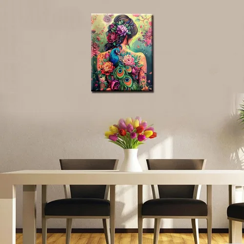 Vista 2 de Pintura por números para adultos, tatuajes de mujeres, pintura por números sobre lienzo, fácil de pintar para principiantes, tatuajes de flores