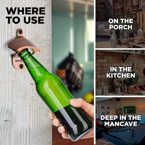 Vista 5 de Abrebotellas para exteriores montado en la pared, estilo abridor magnético de botellas de cerveza que atrapa las tapas, fácil de instalar e
