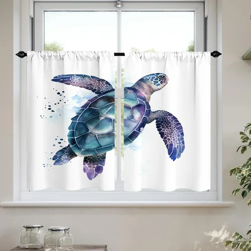Vista 9 de Cortinas cortas de cocina con diseño náutico de tortugas marinas azules y playas, media cortina de baño para dormitorio, juego de 2 paneles de 27.5