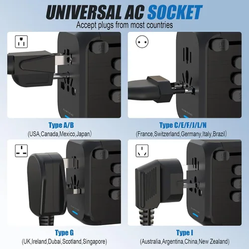Vista 5 de GLAMFIELDS Adaptador de viaje universal, adaptador de corriente internacional, adaptador de corriente de enchufe de CA todo en uno, con 3 puertos