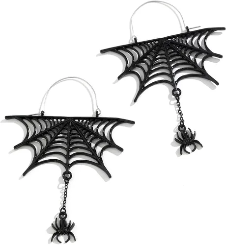 Vista 8 de FMR Aretes de telaraña de Halloween, aretes de araña, aretes colgantes de araña negra, aretes temáticos de Halloween, joyería para mujeres