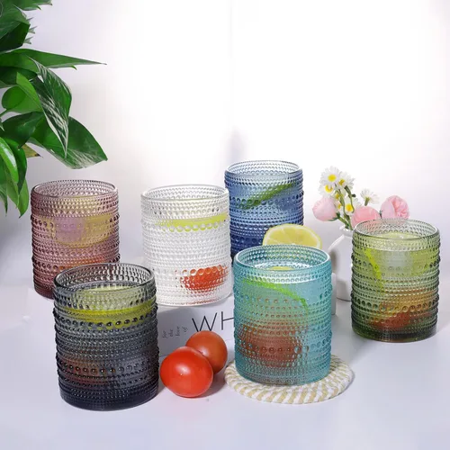 Vista 7 de Juego de 4 vasos para beber Hobnail de 12 onzas, vasos vintage de Júpiter, cristalería antigua en relieve para cerveza, agua, jugo, cóctel, whisky