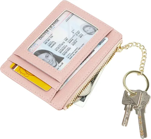 Vista 27 de Tarjetero delgado minimalista para mujer, monedero, monedero, llavero con bolsillo frontal con ventana de identificación