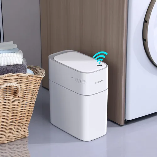 Vista 6 de JOYBOS Botes de basura pequeños para baño con tapas, cubo de basura automático de plástico blanco delgado de 3.8 galones, bote de basura estrecho