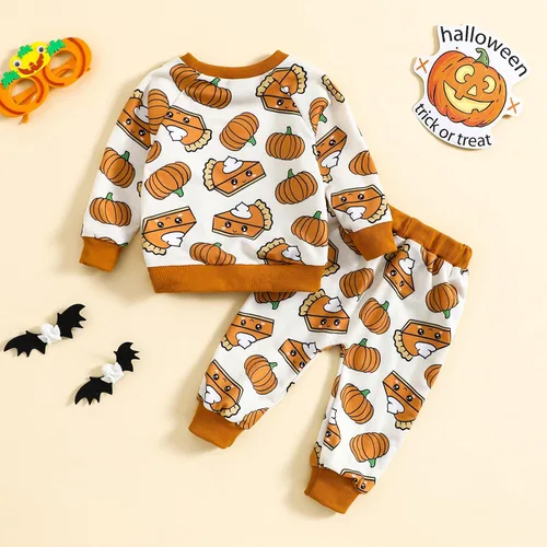 Vista 2 de Conjunto de sudadera de manga larga con estampado floral de calabaza y pantalones para bebé niña