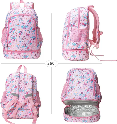 Vista 7 de Mochilas para niños y niñas, bonita mochila ligera para niños y niñas, mochila preescolar con bolsa de almuerzo aislada, Rosado, Personalizado