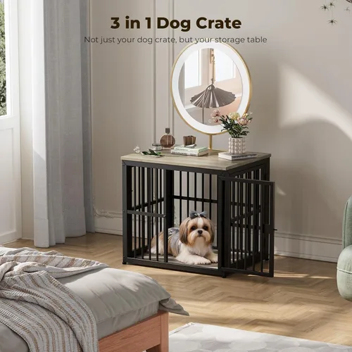 Vista 4 de Lyromix Mueble de jaula para perros de 27 pulgadas con 3 puertas, mesa auxiliar de madera resistente para perros pequeños, múltiples unidades se