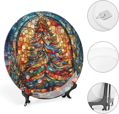 Vista 4 de Árbol de Navidad de acuarela en placa para decoración de pared en casa y oficina, plato decorativo con soporte de exhibición, adorno de cerámica