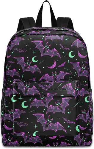 Vista 11 de MNSRUU Mochila para estudiantes para la escuela, Halloween, mochila luminosa de murciélagos para laptop, mochila estética para niñas, niños, mochila