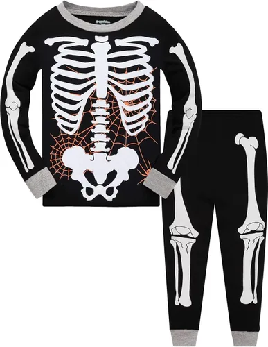 Vista 14 de Conjunto de pijama de esqueleto para niños pequeños, ropa de dormir de calabaza para niños, Halloween, 2 piezas skeleton 3