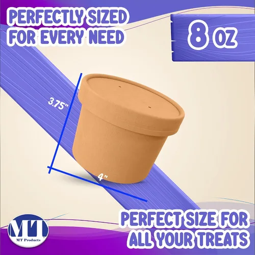 Vista 2 de MT Products Vasos de sopa de papel Kraft de 8 onzas, recipientes desechables para sopa con tapas, paquete de 20