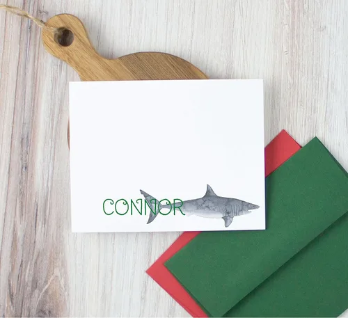 Vista 4 de Papelería personalizada de tiburón para niños, elige tamaño y colores del juego, tarjetas planas, papelería temática oceánica para niños pequeños