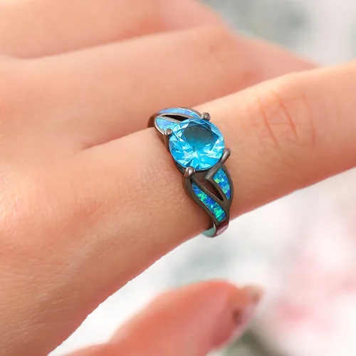 Vista 6 de UFOORO Anillo infinito de ópalo de fuego chapado en rodio negro, circonita cúbica, boda, compromiso, aniversario, anillos para mujer, Cristal