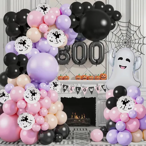 Vista 3 de Kit de guirnalda de arco de globos de Halloween rosa, globos de 18 pulgadas, 10 pulgadas, 5 pulgadas, negro, rosa, morado con globos de aluminio