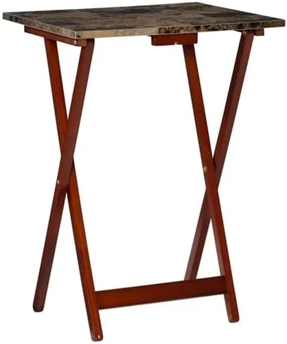 Vista 3 de Pemberly Row Juego de mesa plegable de madera de 5 piezas, parte superior de mármol sintético marrón, construcción de madera de caucho resistente
