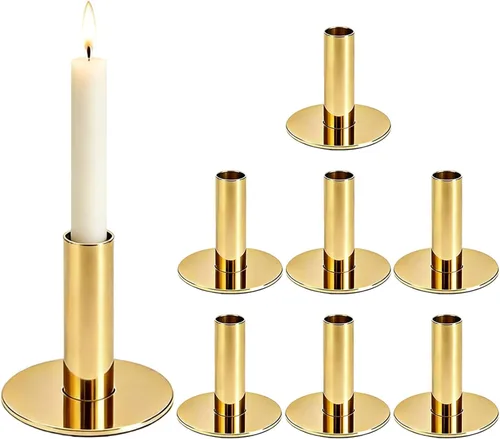 Vista 8 de Paquete de 4 portavelas cónicos dorados, portavelas de metal resistente para centro de mesa de boda, soporte rústico para mesa de comedor, mantel