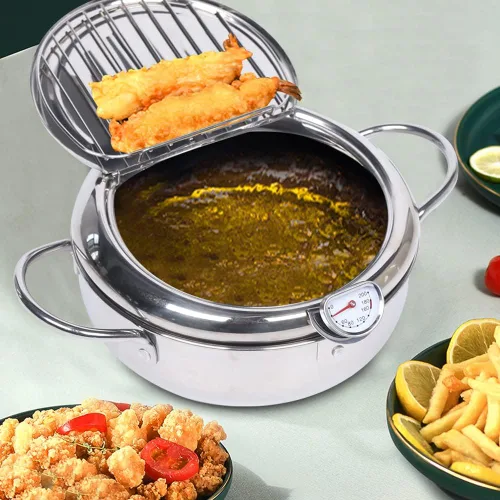 Vista 2 de Olla de freír profunda, freidora de estilo japonés de 2.2L con medidor de temperatura, freidora de acero inoxidable 304 para papas fritas
