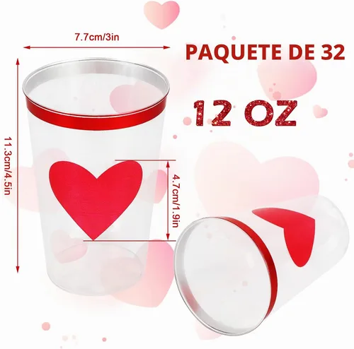 Vista 2 de Whaline Paquete de 32 vasos de plástico transparente para el día de San Valentín, vasos de plástico transparente de 12 onzas con borde rojo
