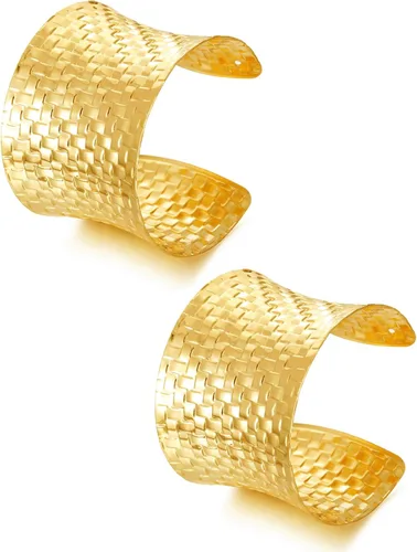 Vista 9 de BOMAIL Juego de 2 pulseras de brazalete para mujer, pulseras de alambre ancho abierto, pulsera dorada ajustable Adjustable Wrist Cuff, 14K Gold