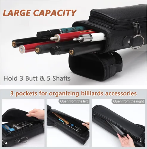 Vista 2 de Estuche para taco de billar de 3 x 5 – Funda rígida de piel sintética con doble correa para el hombro y 3 bolsillos, funda duradera para taco