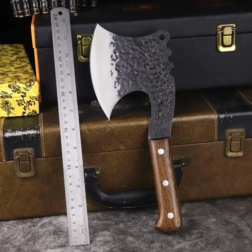 Vista 5 de MAYiT Cuchillo de carnicero para carne, hacha táctica afilada de acero de alto carbono forjado a mano, mango de madera de sándalo, hacha de corte