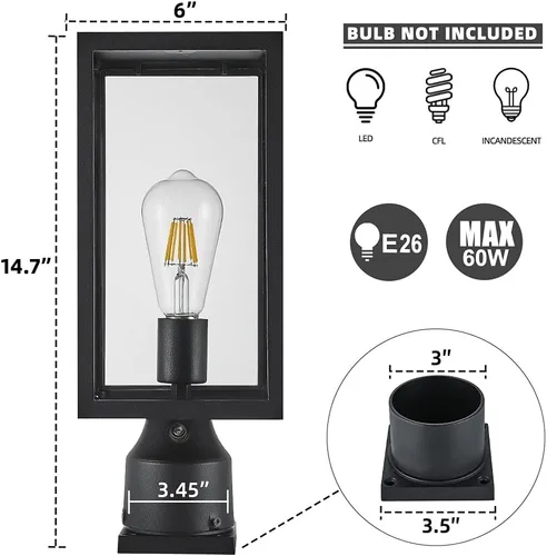 Vista 4 de Windben Luz grande de poste para exteriores de 15 pulgadas, del atardecer al amanecer, lámpara de aluminio fundido impermeable, farol de poste