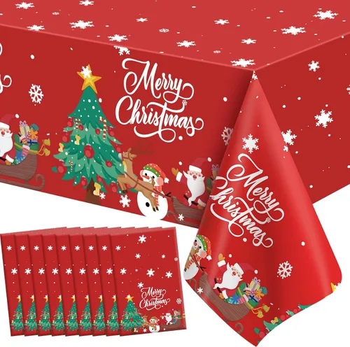 Vista 14 de Mantel de Navidad, 2 piezas de mantel desechable de plástico rojo, mantel de 54 x 108 pulgadas para decoraciones de Navidad, mantel de árbol
