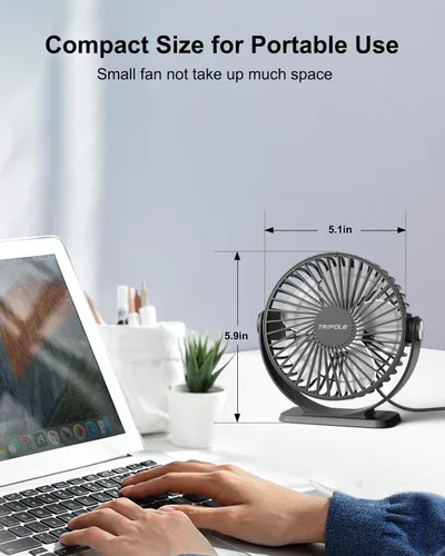 Vista 4 de TriPole Ventilador de escritorio pequeño alimentado por USB, ventilador portátil de 3 velocidades, mini ventilador de flujo de aire fuerte, rotación