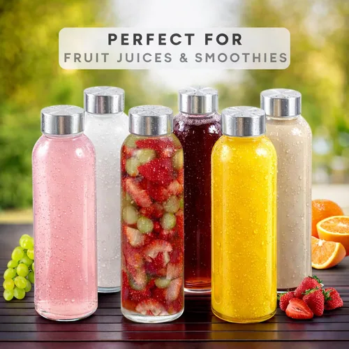 Vista 4 de Brieftons Botellas de agua de vidrio transparente con tapas: paquete de 6, lima de soda premium de 18 onzas, botella de bebida reutilizable, tarro
