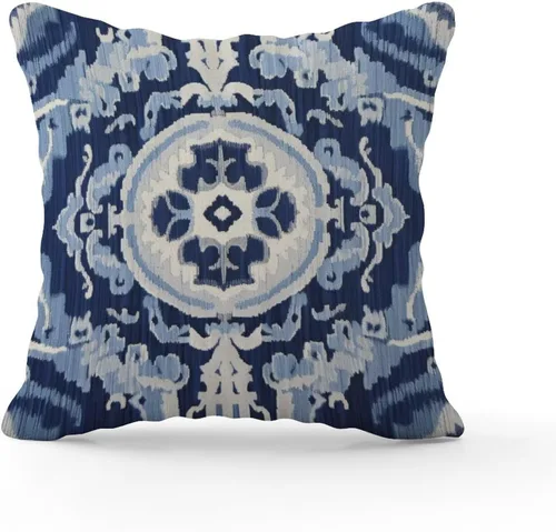 Vista 2 de Fundas de cojín Ikat con medallón azul y gris, color blanco y azul marino, fundas de almohada abstractas, decorativas de granja para sofá, cama