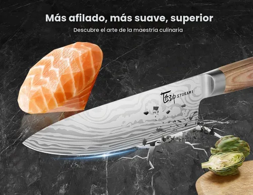 Vista 4 de SYOKAMI Juego de cuchillos de chef de 14 piezas con bolsa enrollable, juego de cuchillos japoneses profesionales de acero inoxidable con mango