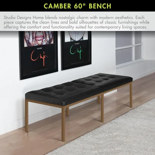 Vista 5 de Studio Designs Home Camber - Moderno comedor de 60 pulgadas con patas cromadas y piel sintética copetuda, banco de entrada o sala de estar