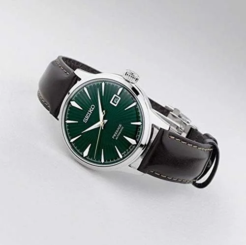Vista 5 de SEIKO Mens PRESAGE 'Mockingbird' Cocktail Dial verde con reloj de cuero marrón SRPD37J1, Blanco, Moderno