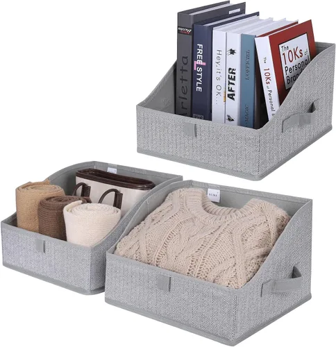 Vista 18 de WUIKE Cestas de almacenamiento para estantes, contenedores de almacenamiento de tela con asas, cesta plegable para estantes organizadores y Beige