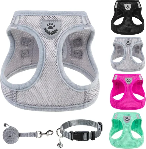 Vista 30 de PUPTECK - Arnés, collar y correa ajustables, sin tirones, para perros pequeños y medianos, cachorros y gatos, pechera reflectante acolchada de malla