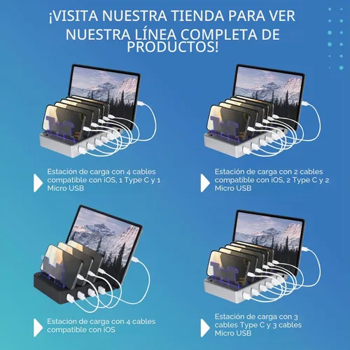Vista 9 de Estación de carga para múltiples dispositivos – Base de carga USB de 6 puertos para Apple y Android – Organizador de carga múltiple rápida