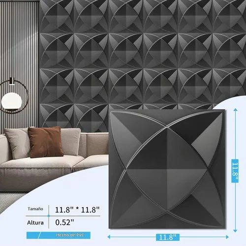 Vista 3 de Art3d Paneles decorativos texturizados de PVC 3D para decoración de paredes interiores en sala de estar, dormitorio en negro, paquete de 33