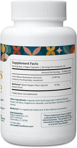 Vista 3 de Pattern Wellness Suplemento de hongos melena de león - 90 cápsulas veganas Cápsulas de suplemento para apoyo cognitivo y de enfoque: absorción