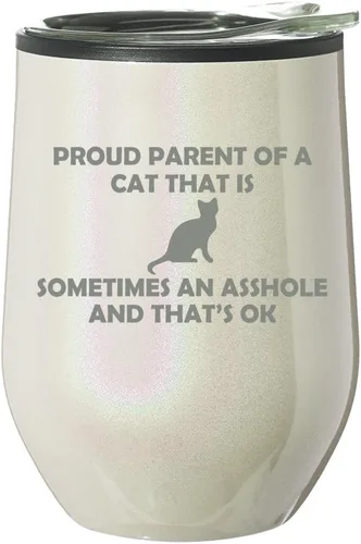 Vista 3 de Vaso de vino sin tallo, taza de viaje de café con tapa, regalo orgulloso para padres y gatos divertidos (purpurina azul)