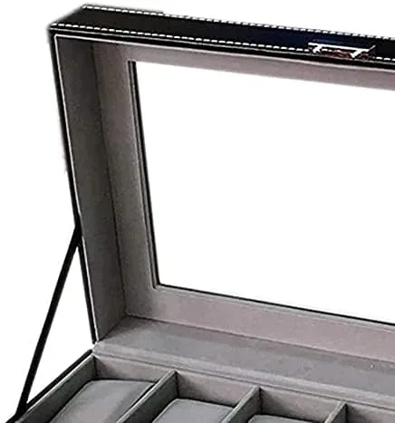 Vista 6 de XWWDP - Caja de reloj grande para hombres, organizador de vitrina de reloj, bandeja organizadora de joyas, parte superior de cristal, piel sintética