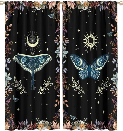 Vista 37 de Cortinas de mariposa de fantasía, polilla, sol, luna, estrella, arte floral, estampado floral, bolsillo para barra, cortinas opacas para ventana