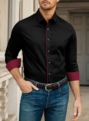 Vista 2 de JMIERR Camisa de vestir casual para hombre, camisas de manga larga con botones, camisas ajustadas de algodón