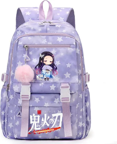 Vista 6 de ZJYJING Mochila de anime para niñas y niños con patrón de estrellas con colgante para viajes y escuela, Azul, Grande, Mochila media primaria