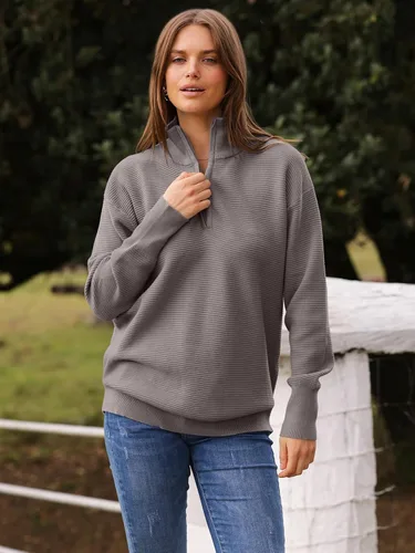 Vista 3 de DEEP SELF Otoño - Suéter elástico de manga larga con cuello en V y cremallera de 14 para mujer, suéteres sólidos de punto acanalado