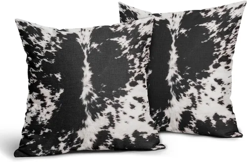 Vista 2 de Juego de 2 fundas de almohada con estampado de piel de vaca occidental de 18 x 18 pulgadas, fundas de almohada decorativas con puntos de vaca negra