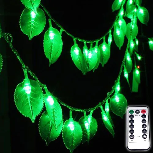 Vista 6 de Guirnalda de luces de hoja verde, 8 pies/8.2 ft, 20 LED, funciona con pilas, luces de hadas de hojas verdes con control remoto, perfecta