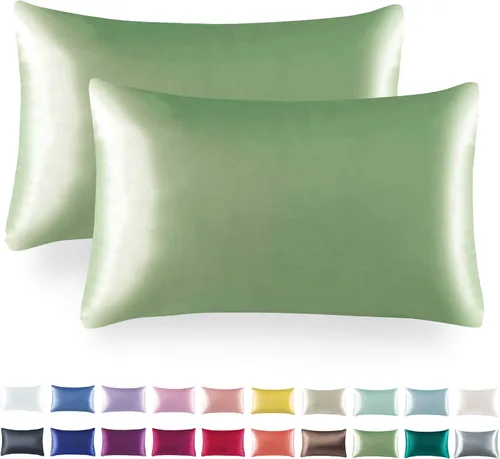 Vista 16 de Tyfitb Juego de 2 fundas de almohada de satén para cabello y piel, color azul bebé, fundas de almohada de enfriamiento tamaño estándar
